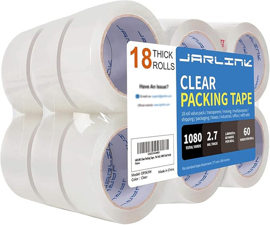 JARLINK Clear Packing Tape (18 Rolls), Heavy Duty Packaging Tape for Shipping Packaging Moving Sealing, 2.7mil Thick, 1.88 inches Wide, 60 Yards Per Roll, 1080 Total Yards