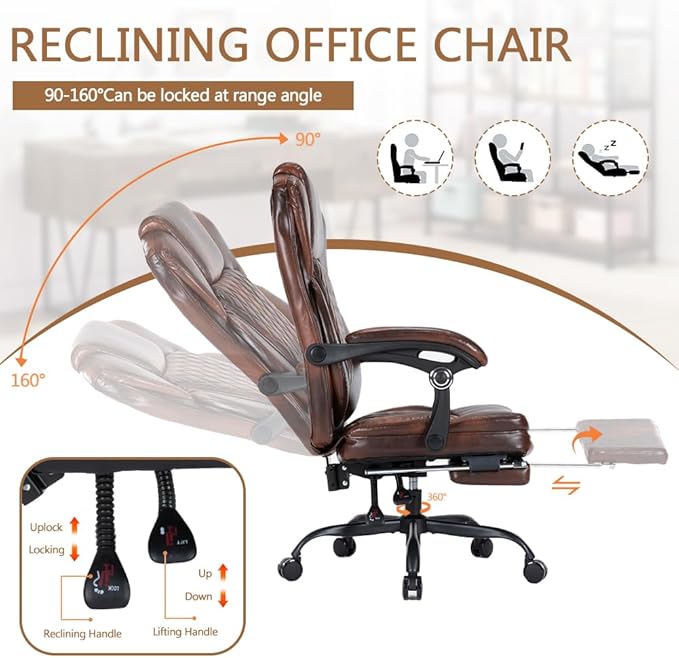 Ergonomic Office Chair with Foot Rest, Executive Chair with Footrest PU Leather Computer Chair, Big and Tall Chair Reclining Desk Chair, Thick Padded Coil Spring Seat, 400 lbs Capacity (Brown)