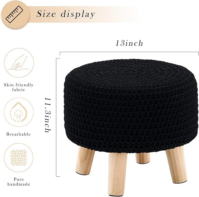 Boho Ottoman Foot Stool Cotton Knitted Round Pouf Ottoman Foot Rest Stool with Non-Skid Wooden Legs Step Stool Padded Seat for Living Room Black