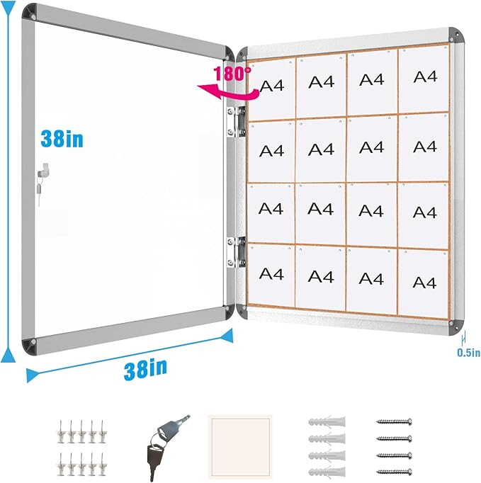 2 Pack 38"x38" Enclosed Bulletin Board, Lockable Weather-Resistant Aluminum Cork Noticeboard for School & Office, Silver Frame w/Cork