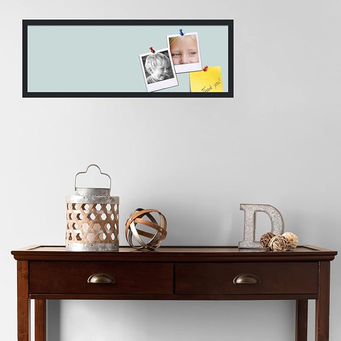 PinPix 36x12 Inch Cork Bulletin Board. This Decorative Framed Pin Board Comes with Soft Blue Design and a Satin Black Frame. Ideal for Home Office Decor or Message Board (PinPix-1814)