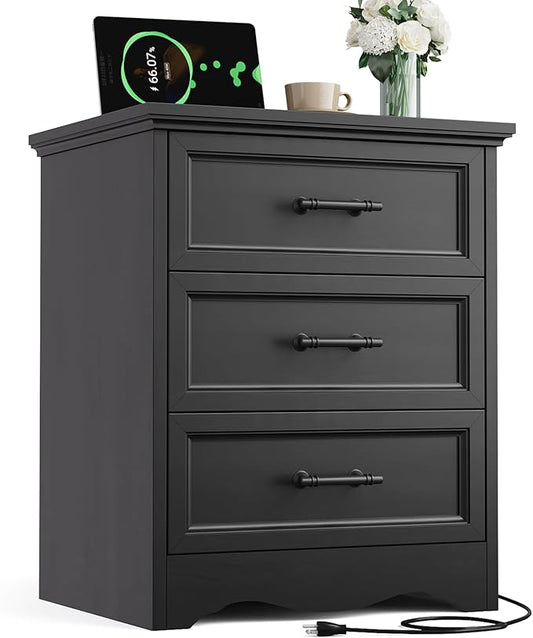 Black Nightstand with Charging Station, 19.7" Farmhouse End Table with 3 Drawers Storage, Bedside Table with Brushed Metal Handles, Unique Base Design, 3 Drawer Dresser for Bedroom, Living Room