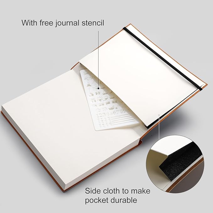 AHGXG Bullet Dotted Journal - 320 Pages Dot Grid Notebook B5 Large Journal, 100gsm Thick Dotted Paper, Leather Softcover, with Journal Stencils, Inner Pocket, 7.6'' X 10'' - Black