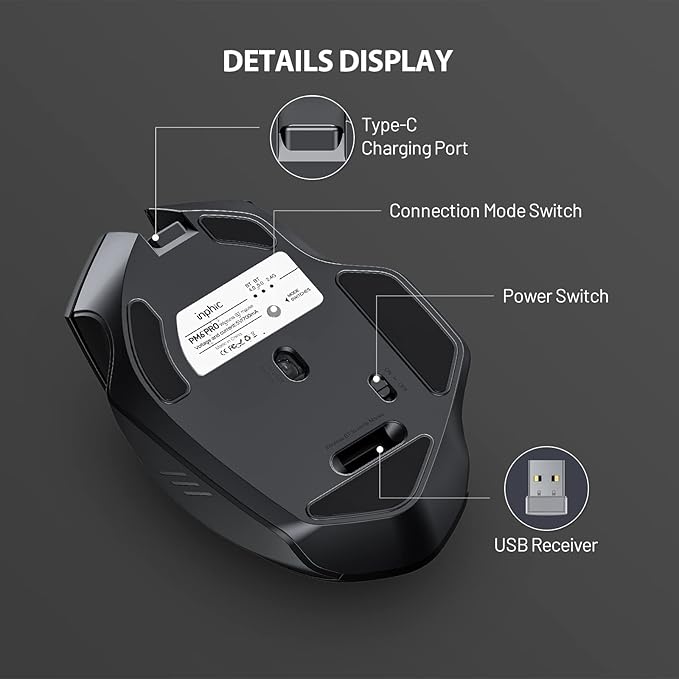 INPHIC Multi-Device Bluetooth Mouse, Upgraded Visible Battery, 2400 DPI, Silent Ergonomic Computer Wireless Mouse for Laptop, Mac, PC etc.
