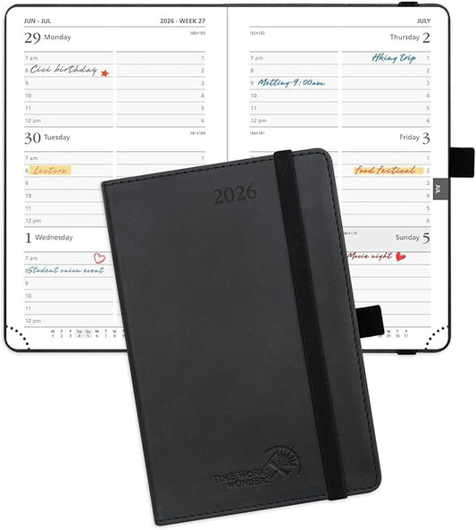 POPRUN Pocket Calendar 2026 (Small Size- 4'' x 6.25") Weekly and Monthly for Purse - Planner 2026 (Jan. 2026 - Dec. 2026) with Vegan Leather Soft Cover, Plastic Ruler, Pen Holder and More - Black