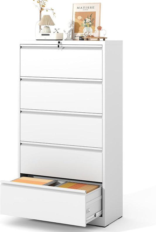 5 Drawer Lateral File Cabinet with Lock, Metal Lateral Filing Cabinet for Home Office, Steel Wide Horizontal Filing Cabinets for Letter/Legal/A4/F4 Hanging Files (White)