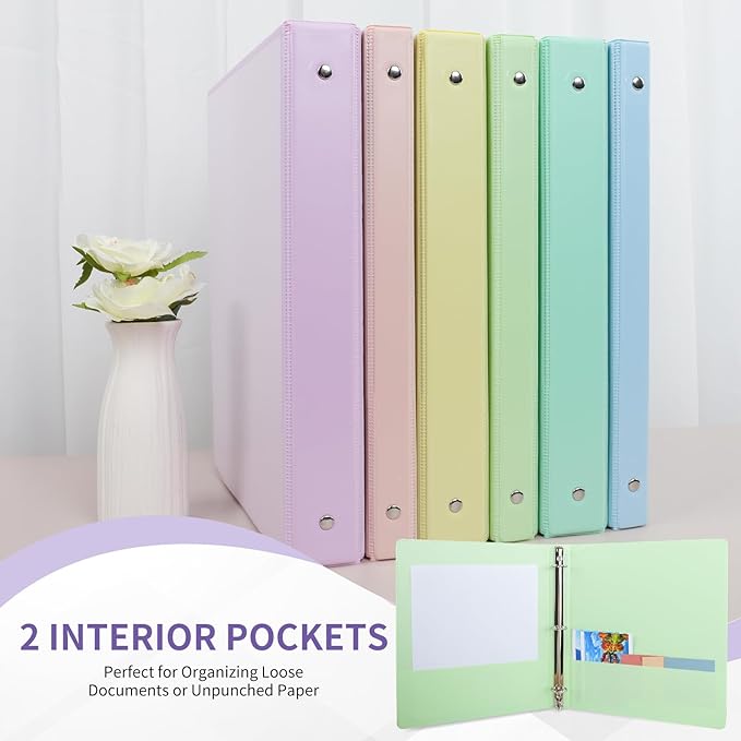 0.5 inch 3-Ring Binder, 1/2 inch Round Ring Binder with 2 Inside Pockets, Clear View Cover Binders Holds 8.5'' x 11''Paper，Pastel Color Binders for Office/Home/School Supply, 6 Pack