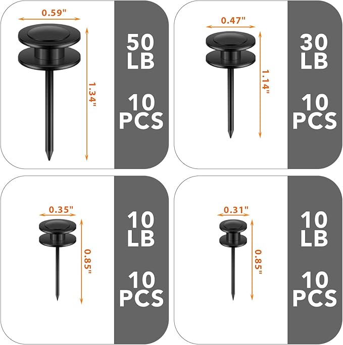 40 PCS Picture Hangers Nails 4 Size Long Heavy Duty Thumb Tacks for Wall Double Headed Push Pins Picture Hooks, Renter Friendly Decor Thumbtacks for Tapestry Frame Art Photos,10/20/ 30/ 50lb(Black)