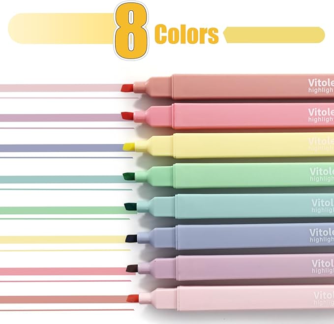 Highlighters, 8 pcs Aesthetic Pastel Highlighters, Chisel Tip Book Highlighter, Candy Colors, No Bleed Bible Highlighter Assorted Colors
