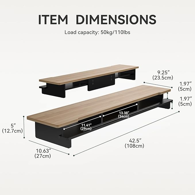 Monitor Stand Dual Monitor Stand Riser for Desk,Wood Desk Shelf Storage Organizer with Phone Tablet Holder (42.5 Inch, Black & Dark Bamboo)