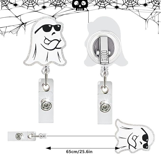 Halloween Badge Reel Holder Retractable Little Ghost Badge Reels Designs Cute and Cool ID Badge Clip Acrylic Swivel Alligator Holders for Teacher Doctor Office Nursing Social Worker Accessories