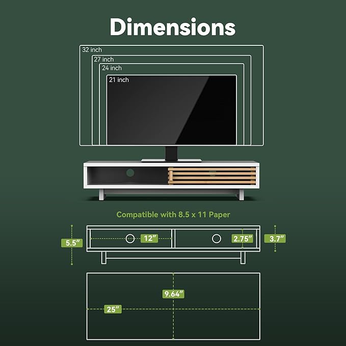 Monitor Stand Riser with Sliding Door, Computer Laptop Stand Desk Shelf Organizer with Storage (White + Natural Bamboo, 25 Inch)