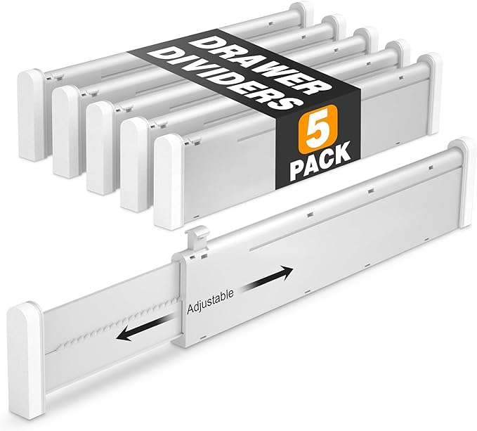 HiYZ Expandable Drawer Dividers - 12.6-22.8'' Adjustable Drawers Organizers for Kitchen Utensils, Drawer Separators in Bedroom, Dresser, Office, Bathroom, Fridge, 5 Pack Long Dividers-Gray