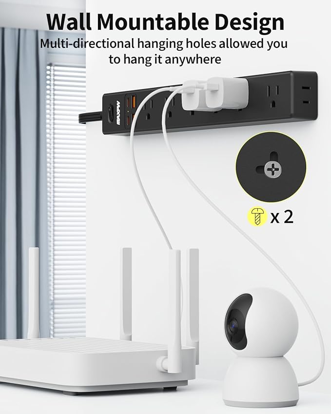 2 Pack Power Strip Surge Protector - 7 Outlets 4 USB Ports (2 USB C), Maxpw 10 Ft Ultra Thin Flat Plug Extension Cord, 1875W/15A, 1700 Joules, Wall Mount for Home Office Dorm, Black
