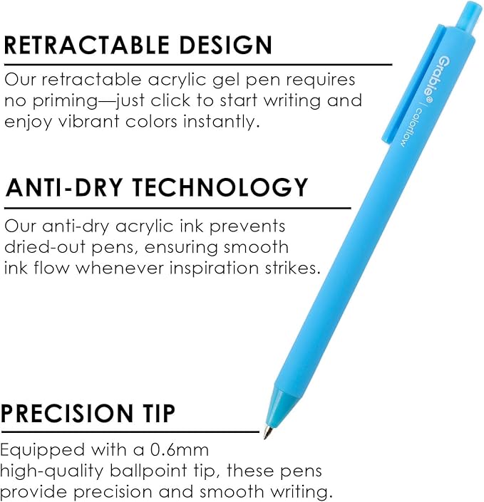 Grabie Acrylic Gel Pens, 0.6mm Fine Point Retractable Gel Pens for Journaling Note Taking, Pack of 12