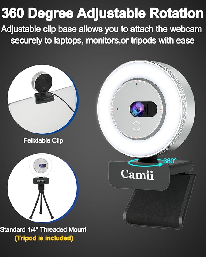 2K Webcam with Light, HD Webcam for PC with Built-in Privacy Cover, Adjustable Brightness, Noise Reduction Mics, for Zoom Skype Teams Laptop and Google Meet