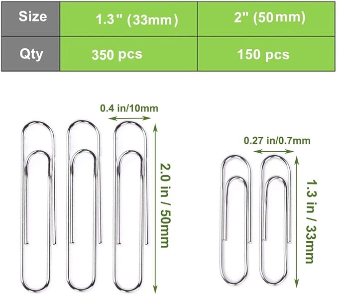 Vinaco Paper Clips Smooth Silver, Medium and Jumbo Paper Clip (1.3 inch & 2.0 inch), Durable and Rustproof, Coated Paper Clips Great for Office School and Personal Use