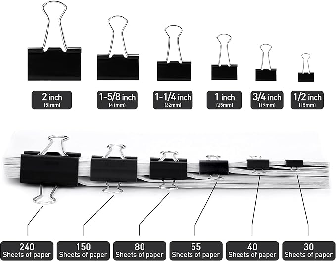 Medium Binder Clips, 144 Pack, 1 Inch, Standard 25mm, Black, Capacity 0.47 Inch, Metal Paper Clips, Fold Clamp, Office Clips, School & Home Use