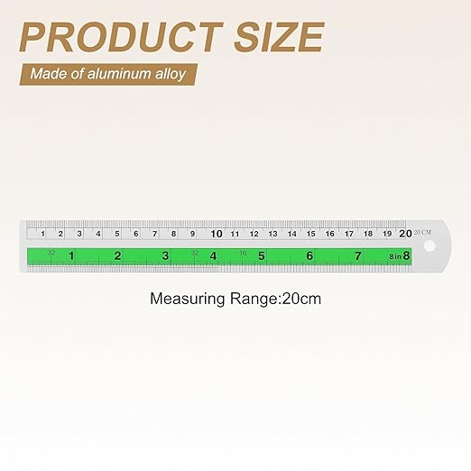 HARFINGTON 4pcs Metal Straight Ruler 20cm Metric SAE Aluminum Alloy Measuring Rulers Scale Tool with Hole for Measure Study Reading Classroom Office, Green