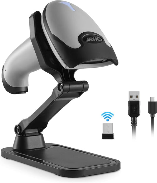 Barcode Scanner with Stand, JRHC Wireless 1D Laser Bar Code Scanners 2.4G Wireless & USB Wired Connection Plug and Play Handheld Bar Code Reader