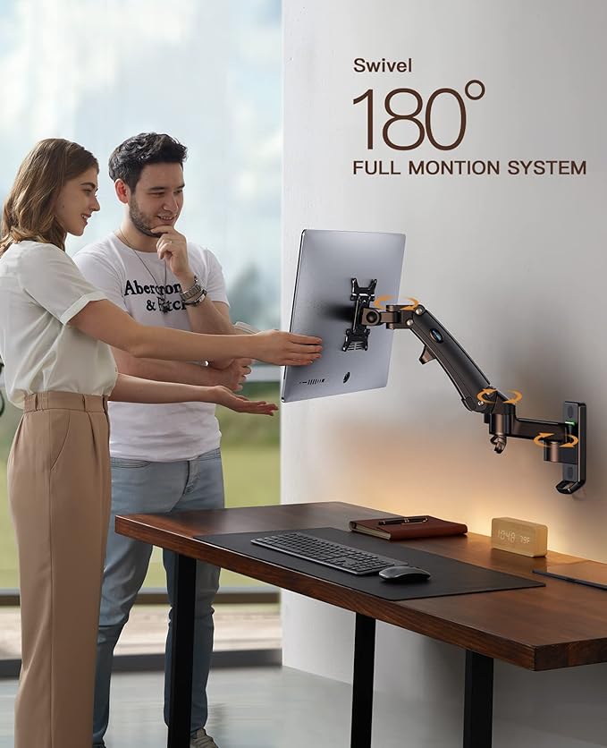 HUANUO Computer Monitor Wall Mount for 22 to 35 inch Flat Curved Screens, Single Wall Mount Monitor Arm Holds up to 26.4lbs, Height Adjustable Full Motion Gas Springcore Vesa Mount, Max 200x200mm