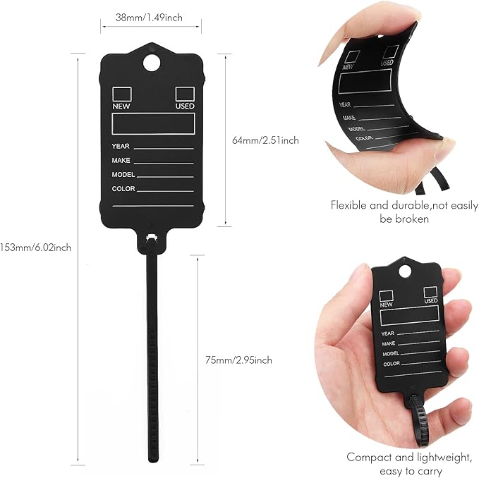 50 Car Key Tags with Labels Plastic Car Dealership Key Tags Self Locking Automotive Identifiers Blank Shop Labels with One Pen (Black)