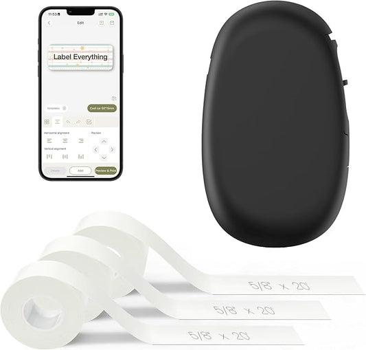 SUPVAN E10 Bluetooth Label Maker Machine with 3 Tapes, Continuous Waterproof Label, Versatile App with 35 Fonts and 1k+ Icons, Inkless Labeler for Home, Kitchen, School, Office Organization, Black