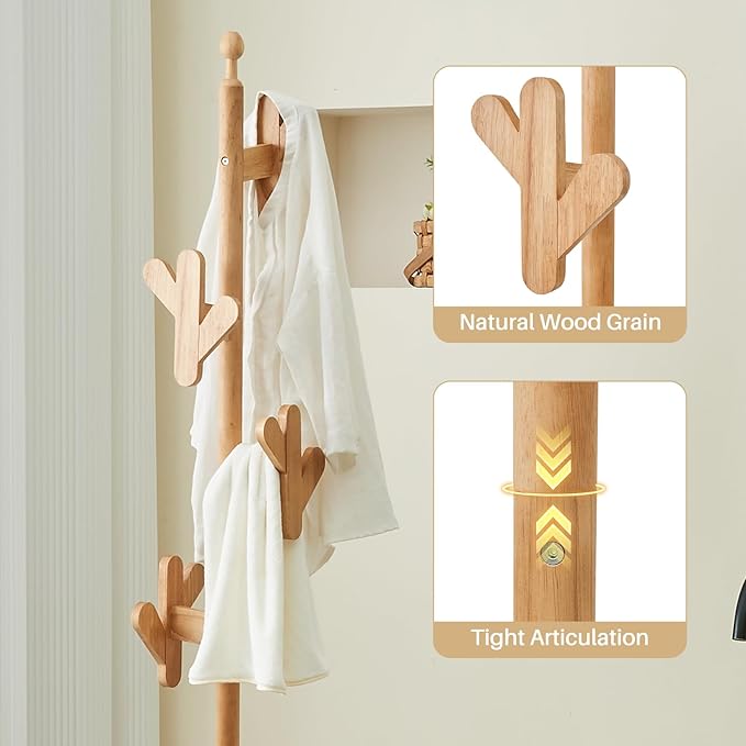 Uniclinens Solid Wood Coat Rack Freestanding with Umbrella Holder, Tree Coat Rack Stand with Lockable Universal Casters & 12 Hooks for Entryway Bedroom, Natural