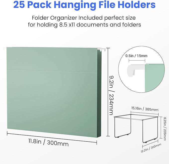 Hanging File Folders Letter Size, 25 Pack File Organizer Folders, 1/5-Cut Tabs With Hanging File Folder Framer, Heavy Duty 2 Inch Expansion, Stay Organized for Your Home and Office Bulk File.