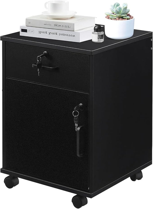 TUKAILAi Mobile File Cabinet with Lockable Drawer & Door, Under Desk Rolling Filing Cabinet with 4 Wheels, Wooden Stationery Storage Cabinet for Home Office (Black)