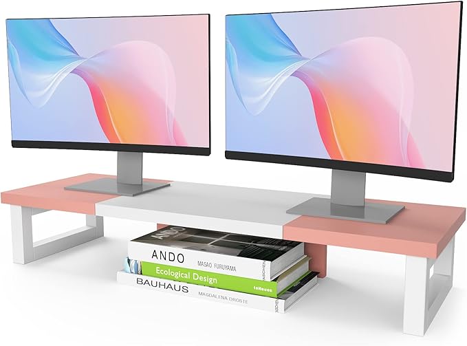 WESTREE Dual Monitor Stand Riser, Wood and Steel Monitor Stand Riser, Computer Monitor Stand for 2 Monitors, Multi-Purpose Desktop Storage Stand for Computer,Laptop,Printer,TV