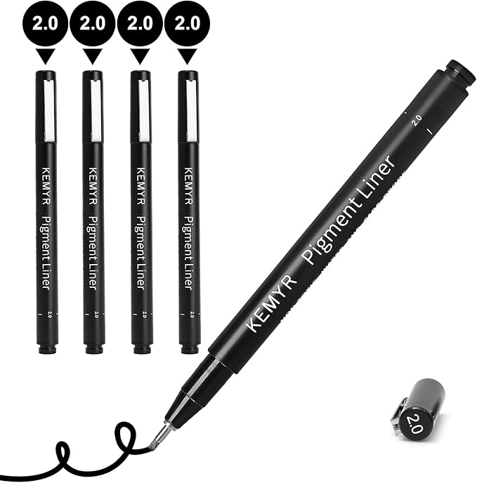 4 Micro Fine liner Drawing Art Pens Calligraphy Pens: 2.0mm Size Black Art supplies Waterproof Archival Black Ink Markers For Artists,Use for Professional Watercolor,Sketching