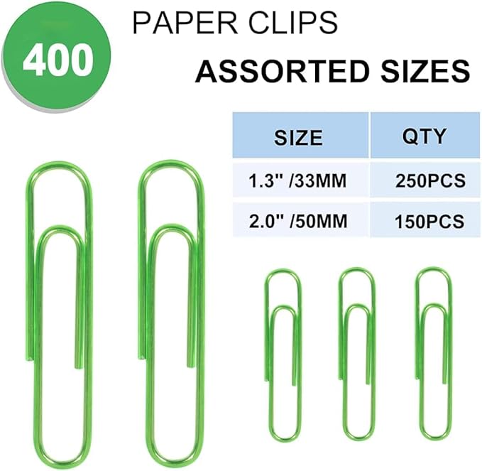 Vinaco Green Paper Clips, 400PCS Medium and Jumbo（1.3 inch & 2 inch） Paper Clips, Durable and Rustproof, Coated Large Paperclips Great for Office School Document Organizing (Green)