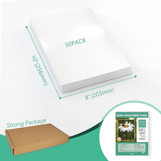 Ultra-Premium Glossy RC Photo Paper, Professional and Heavyweight Metallic Resin Coated Photo Paper, Pigment and Dye Inkjet Printer Suitable, Waterproof, 8x10, 50 Pack