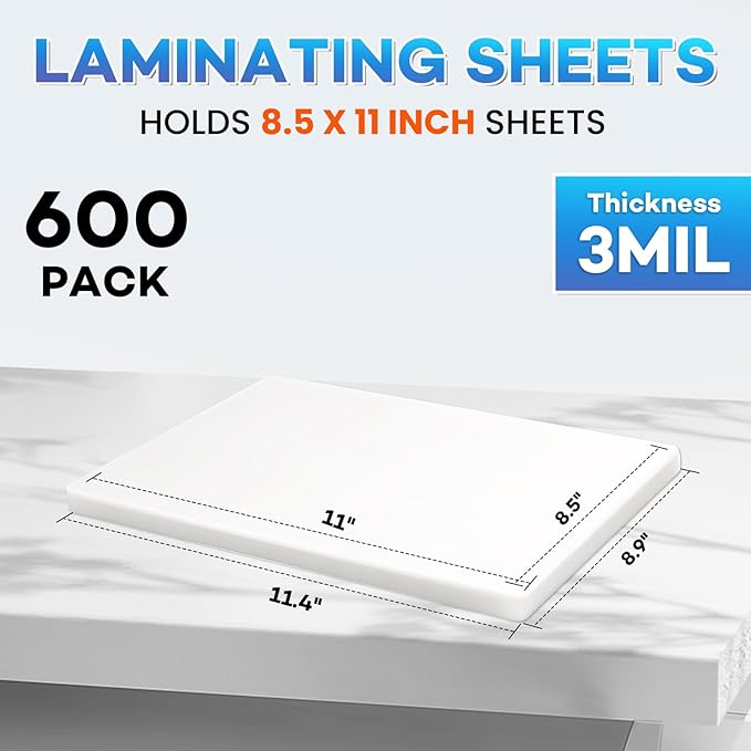 600 Pack Laminating Sheets, Holds 8.5 x 11 Inch Sheets, 3 mil, 8.9" x 11.4" Thermal Laminating Pouches Lamination Sheet Paper for Laminator, Clear, Letter Size, Office and School Supplies