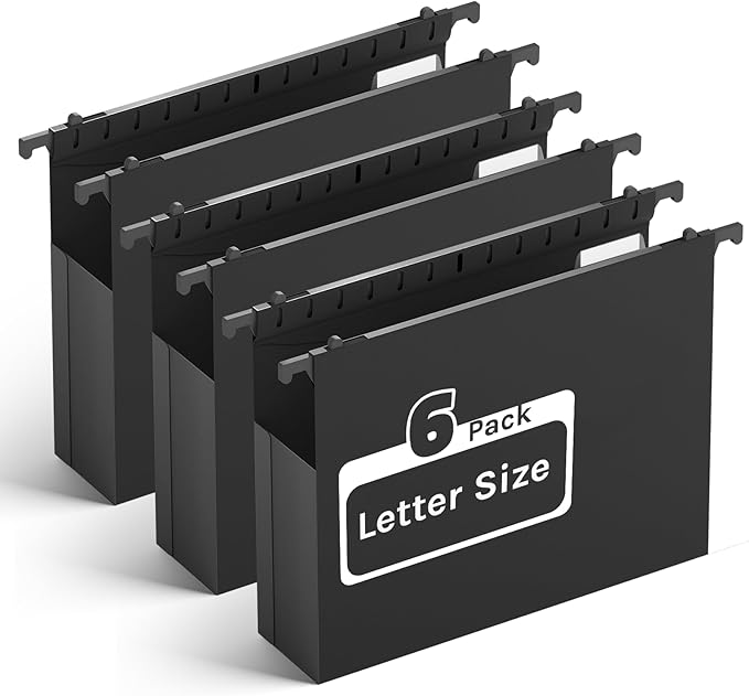 Ansook Extra Capacity Plastic Hanging File Folders,2" Expanding Accordian Pocket with Black Insert Gasket,Heavy Duty for Filing Cabinet, Hard Hang Folders Organizer, Black,Letter Size,6 Pack