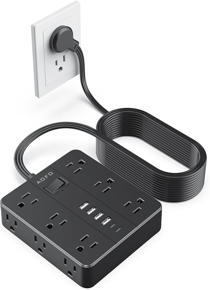 20FT Surge Protector Power Strip,12 AC Outlets with 6 USB Ports (2 USB-C), Flat Plug Extension Cord with Multiple Outlets, Wall Mount for Home Office,Dorm,Black
