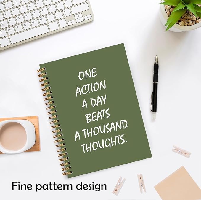 Green Inspirational Notebook, Motivational Journal, Positive Affirmation Journal for Women, One Action a Day Beats a Thousand Thoughts Hardcover Spiral Notebook, 5.5x8.3 Inch