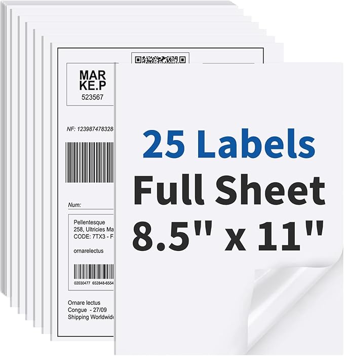 25 Sheets Sticker Paper Matte White, 8.5" x 11" Label Paper for Laser & Inkjet Printer, Full Sheet Label for Shipping Address Mailing