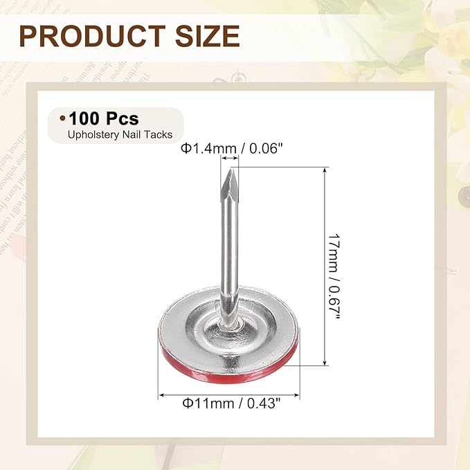 uxcell 100Pcs Upholstery Tacks, 11mmx17mm Flat Head Thumb Tack Decorative Furniture Nails Push Pins for Furniture Sofa Headboards, Red