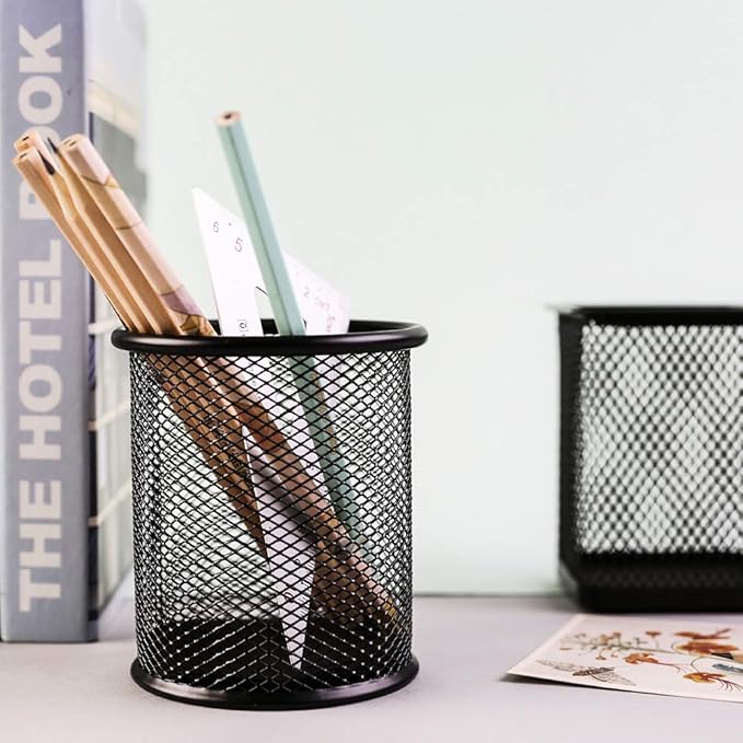 Ameceres 4 Packs Wire Mesh Pencil Holder Metal Pen Cup Desk Pen Organizer Case Pencil Jar Black for Office Home (Silver)