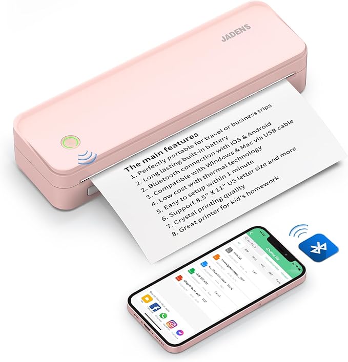 JADENS Pink Bluetooth Thermal Printer, Support 8.5" X 11" US Letter, Portable Printers Wireless for Travel, Inkless Printer Compatible with iOS, Android, Mobile Printer for Home, Office, School