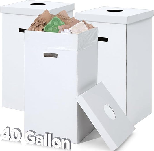 3 Pcs Cardboard Trash Cans with Lid Disposable and Reusable Corrugated Cardboard Trash Cans Recycling Bins Bulk with 6 Garbage Bags White Rubbish Boxes for Parties Events(40 Gallon)