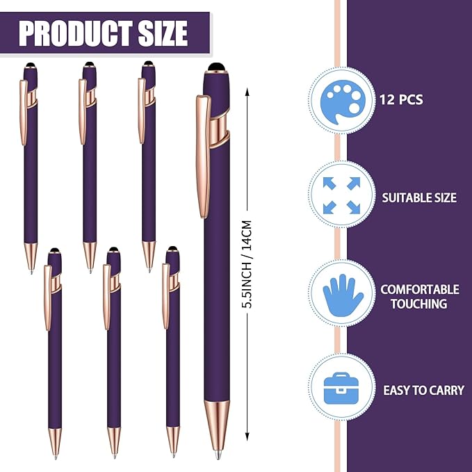 12 Pcs Blue Ink Ballpoint Pen with Stylus Tip, 1.0 mm Metal Pen Stylus Pen for Touch Screens, 2 in 1 Thank You Pen Gift for Office (Purple Rose Gold)