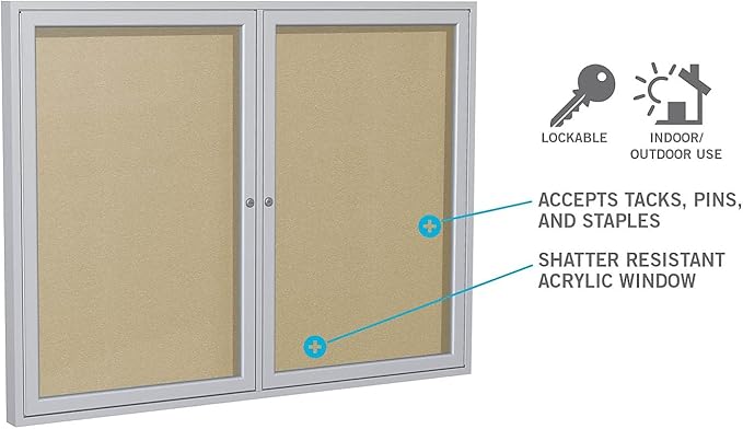 Ghent 48"x96" 2-Door Outdoor Enclosed Vinyl Bulletin Board, Shatter Resistant, with Lock, Satin Aluminum Frame - Silver (PA34896VX-193), Made in The USA,Medium