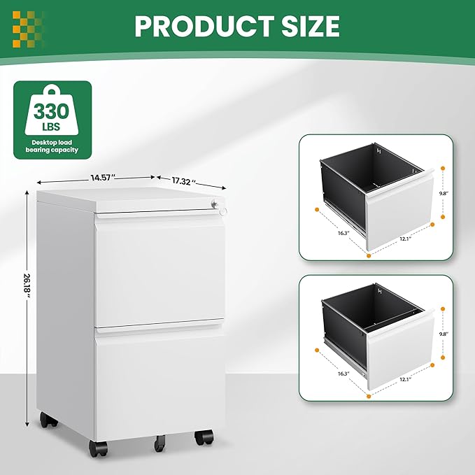 Mobile File Cabinet with Lock, 2 Drawer Under Desk Filing Cabinet with Wheels for Legal/Letter/A4 (Fully Assembled,White)