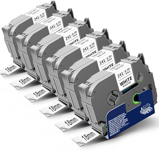 6-Pack Tze 18mm 0.7" Laminated White Compatible for Brother Tze-241 Tze241 Tz-241 Tz241 3/4 Inch Black on White Tz Label Tape 18mm for P Touch Label Maker PTD410 PTD400 PTD610BT PTD600 PTD460