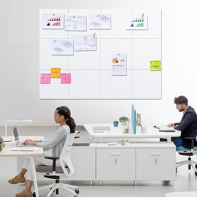 Cork Board for Walls 48" x 36" - White Bulletin Board - 12 Pack Felt Wall Tiles with Safe Removable Adhesive Tabs - Large Corkboard for Office Classroom Home Decor - Snow White