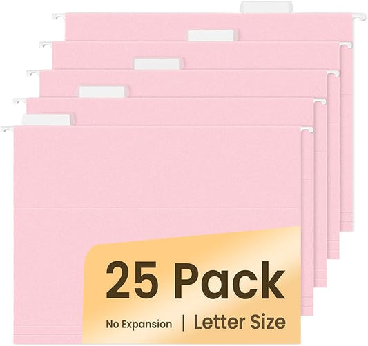 SUNEE 25 Pack Hanging File Folders, Pink Folders, Hanging File Folders Letter Size with 1/5-cut Tabs, Stay Organized for Your Home and Office Bulk File and Documents
