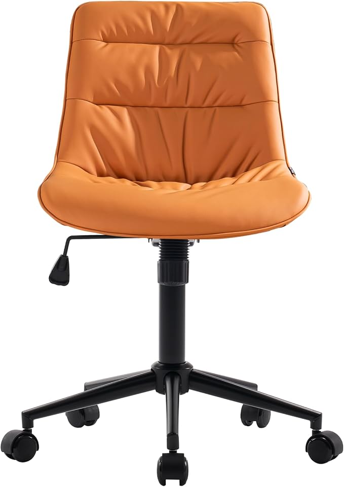 Kidol & Shellder Faux Leather Office Chair, Adjustable Swivel Height Task Chair, Rolling Wheels & Soft Backrest - Armless Ergonomic Desk Chair for Home, Office,Vanity,Gaming（Orange）